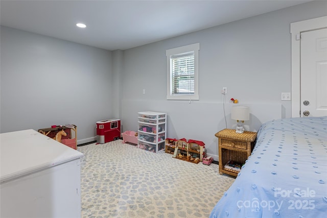 bedroom with recessed lighting, carpet flooring, and baseboards