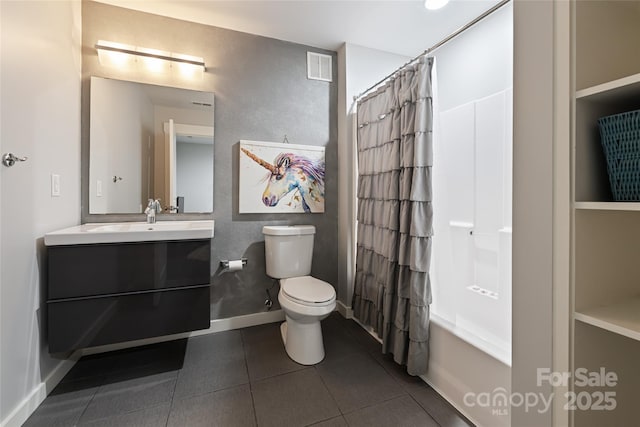 full bathroom with tile patterned flooring, toilet, visible vents, vanity, and baseboards