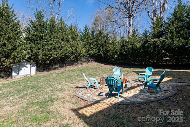 view of yard with a storage shed, an outdoor fire pit, a patio area, and an outdoor structure