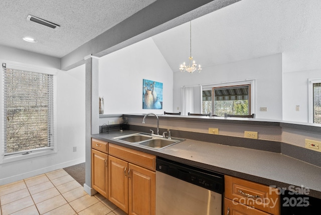 kitchen featuring stainless steel dishwasher, dark countertops, a sink, and a healthy amount of sunlight