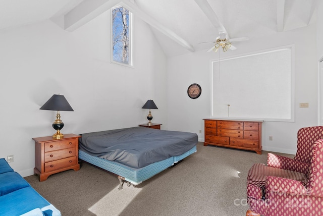 bedroom featuring vaulted ceiling with beams, baseboards, and carpet flooring