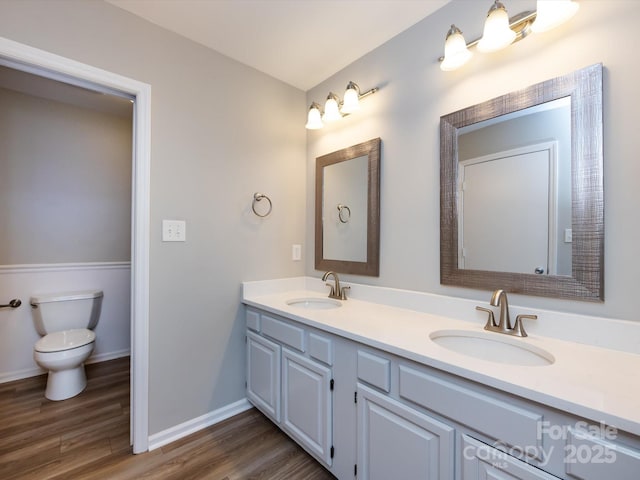 bathroom with a sink, toilet, wood finished floors, and double vanity