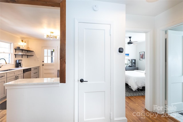 kitchen featuring light wood-type flooring, plenty of natural light, dishwasher, and a sink