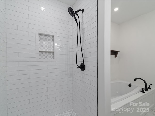 full bathroom featuring a whirlpool tub and tiled shower