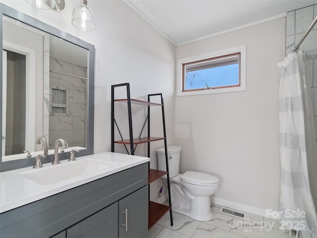 bathroom featuring visible vents, baseboards, toilet, ornamental molding, and marble finish floor