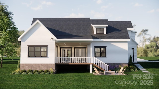 rear view of house with an outdoor fire pit, a lawn, french doors, stairs, and a wooden deck