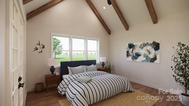 bedroom featuring baseboards, high vaulted ceiling, wood finished floors, and beamed ceiling