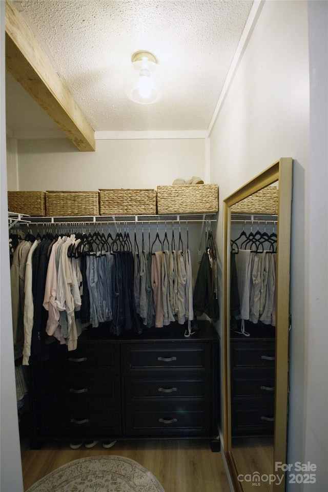 walk in closet with wood finished floors