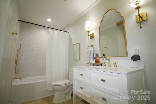 full bath with wood finished floors, vanity, toilet, and shower / bathtub combination with curtain