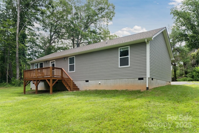 17 Fair Oaks Rd, Arden, NC 28704 - rear view of house with crawl space, a wooden deck, stairway, and a lawn