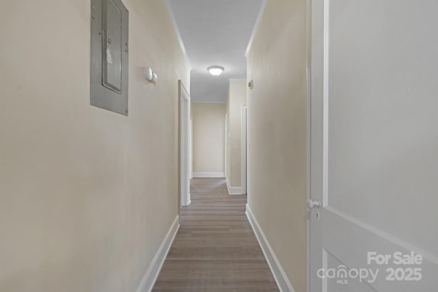 hall featuring dark wood-style flooring, electric panel, and baseboards