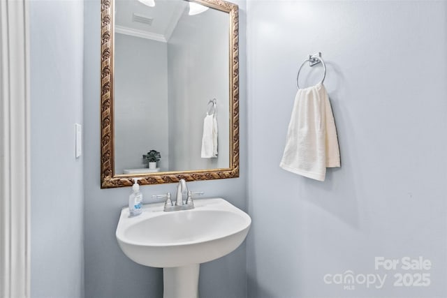 bathroom with ornamental molding, visible vents, and a sink