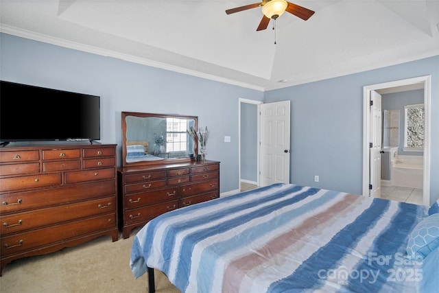 bedroom with lofted ceiling, ornamental molding, a ceiling fan, and light colored carpet