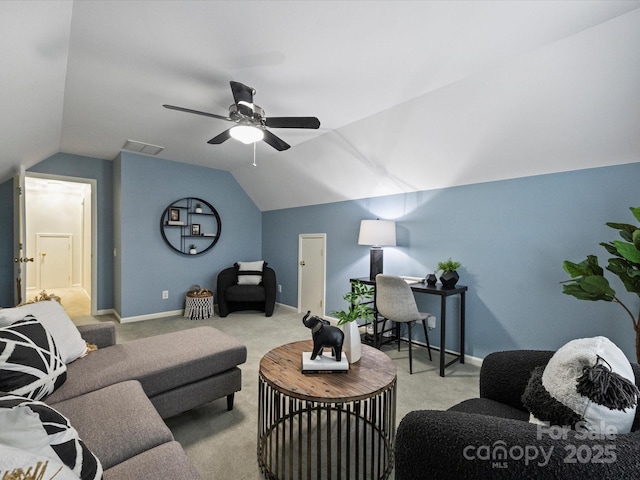 living room featuring baseboards, visible vents, light carpet, and lofted ceiling