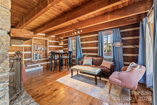 sitting room featuring wooden ceiling, wood walls, beam ceiling, and hardwood / wood-style floors