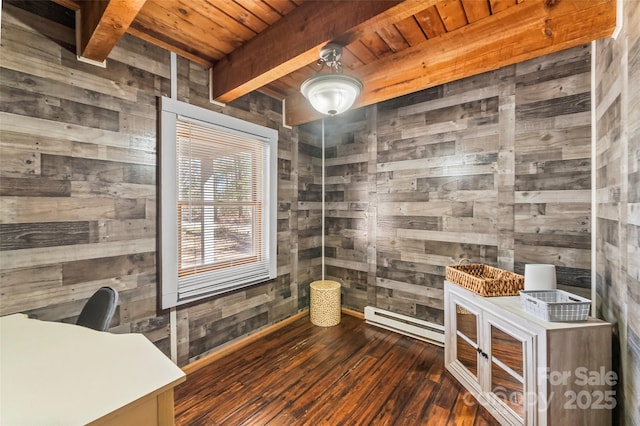 interior space with wood ceiling, wooden walls, baseboard heating, and beam ceiling