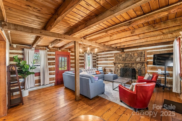 living area with wooden walls, wood ceiling, wood-type flooring, beamed ceiling, and a stone fireplace