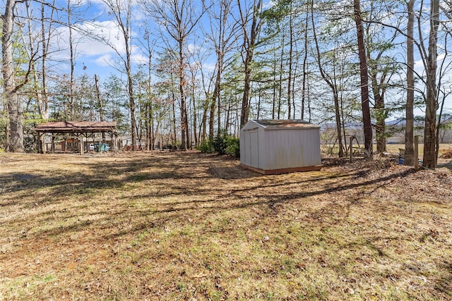 view of yard with a storage shed and an outdoor structure