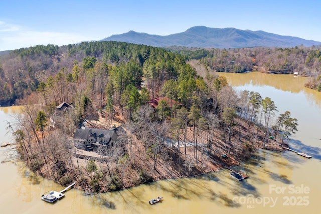 bird's eye view with a water and mountain view and a wooded view