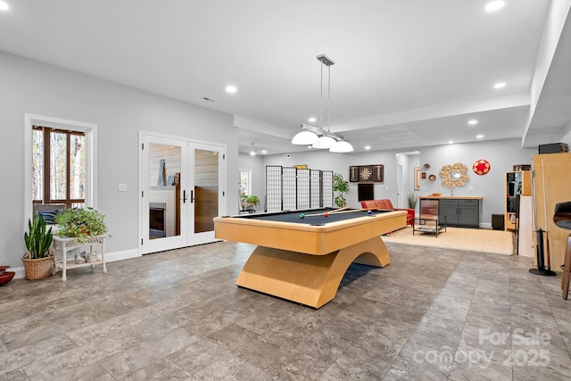 playroom featuring recessed lighting, french doors, billiards, and baseboards