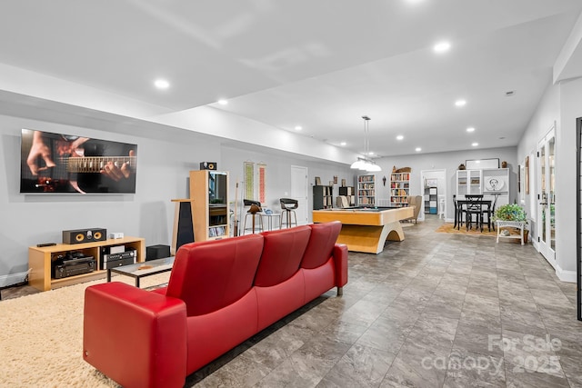 living room with pool table, baseboards, and recessed lighting