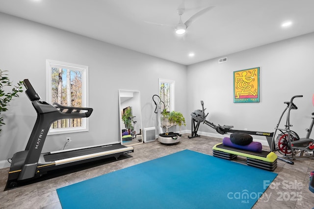 exercise area with ceiling fan, recessed lighting, visible vents, and baseboards