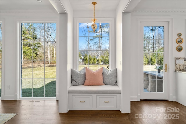 doorway with dark wood-style floors, baseboards, and an inviting chandelier