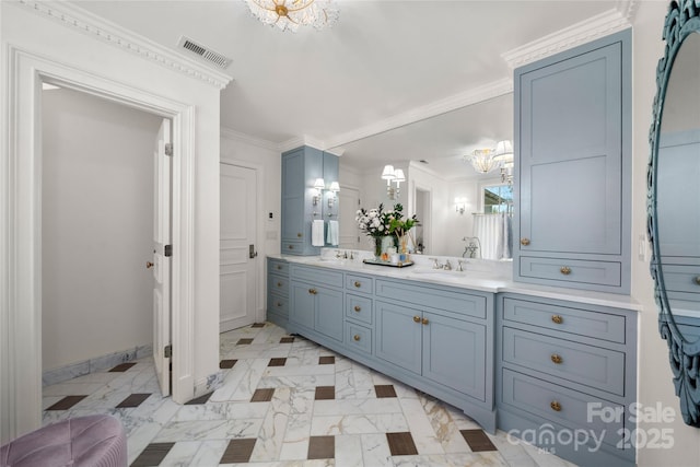 full bath featuring double vanity, a sink, visible vents, and crown molding