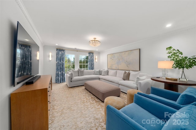 living room featuring ornamental molding, recessed lighting, and carpet flooring