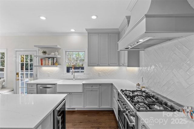 kitchen featuring beverage cooler, premium range hood, gray cabinets, ornamental molding, and appliances with stainless steel finishes