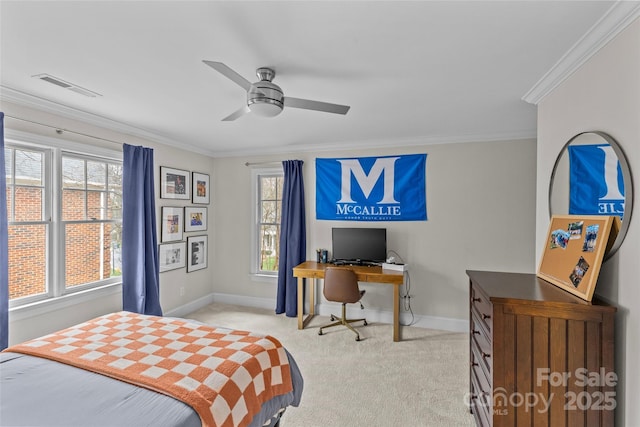 bedroom featuring visible vents, light carpet, baseboards, and crown molding