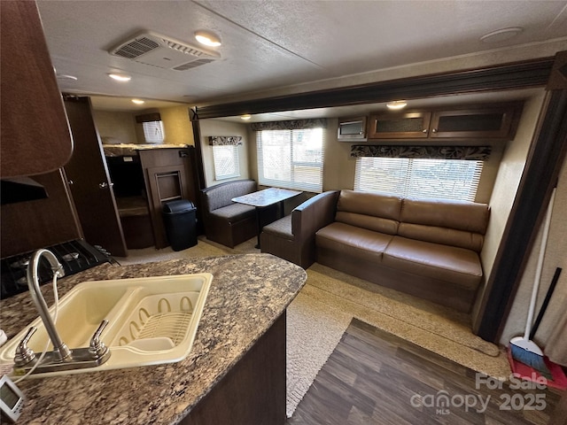 living area featuring dark wood-style floors and visible vents