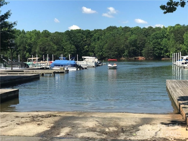 dock area with a forest view and a water view