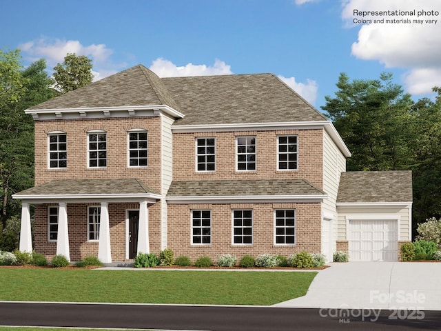 view of front facade featuring a garage, a front lawn, concrete driveway, and brick siding