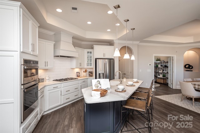 kitchen featuring appliances with stainless steel finishes, arched walkways, a raised ceiling, and premium range hood