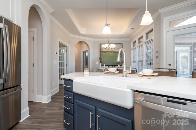 kitchen with a notable chandelier, blue cabinets, a sink, appliances with stainless steel finishes, and a raised ceiling