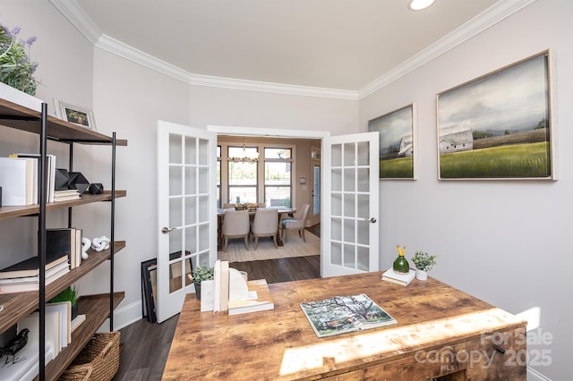 home office featuring dark wood-style floors, french doors, baseboards, and crown molding