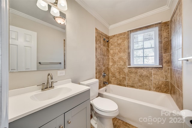 full bath featuring toilet, shower / tub combination, ornamental molding, and vanity