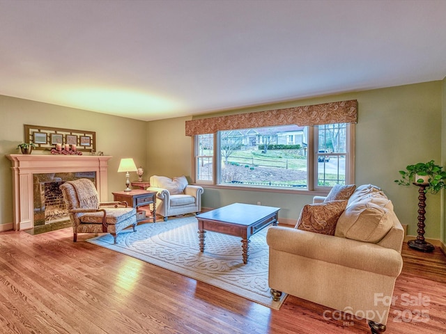 living area featuring baseboards, a premium fireplace, and wood finished floors