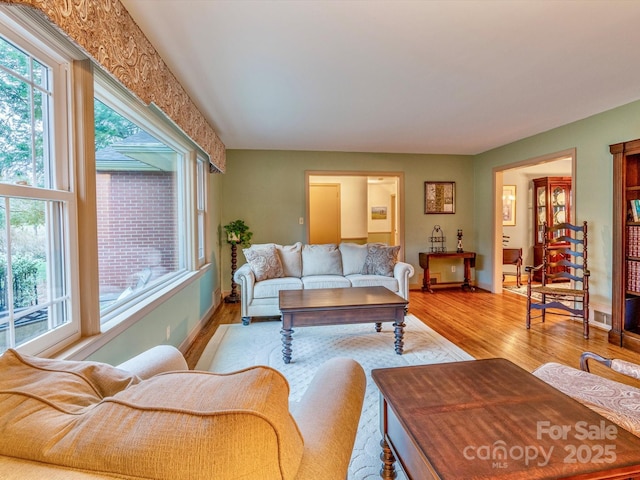 living room with baseboards, a healthy amount of sunlight, and light wood finished floors