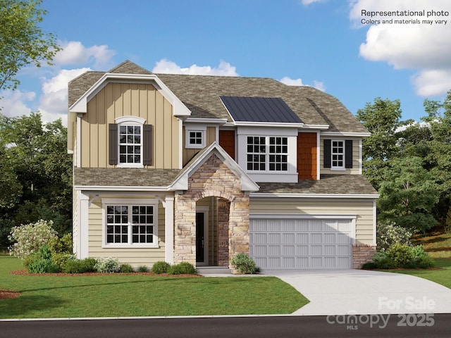 view of front of home featuring an attached garage, a shingled roof, driveway, board and batten siding, and a front yard