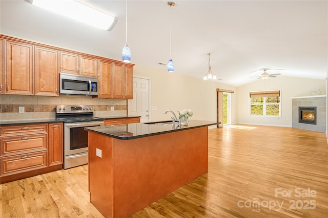 kitchen with light wood finished floors, lofted ceiling, appliances with stainless steel finishes, a fireplace, and a sink