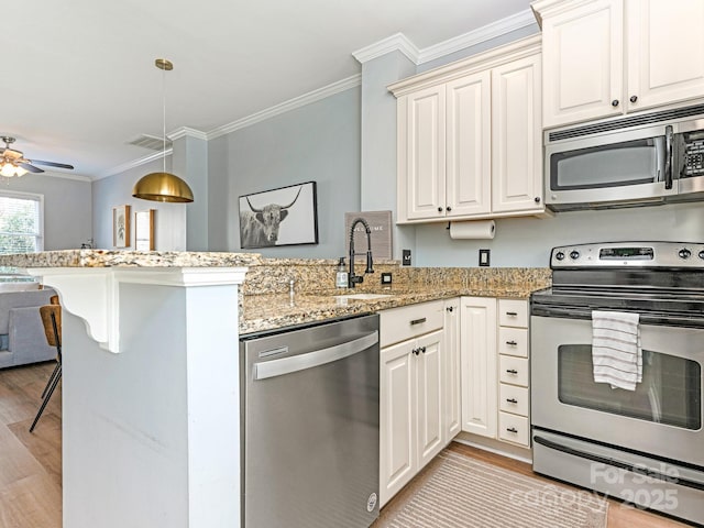 kitchen with appliances with stainless steel finishes, ornamental molding, a sink, light wood-type flooring, and a peninsula