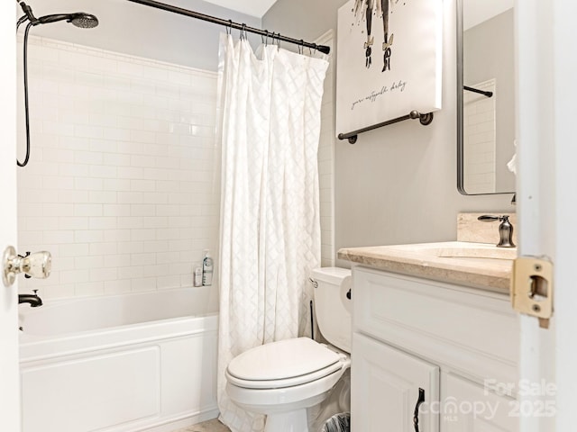 full bath featuring vanity, toilet, and shower / tub combo with curtain