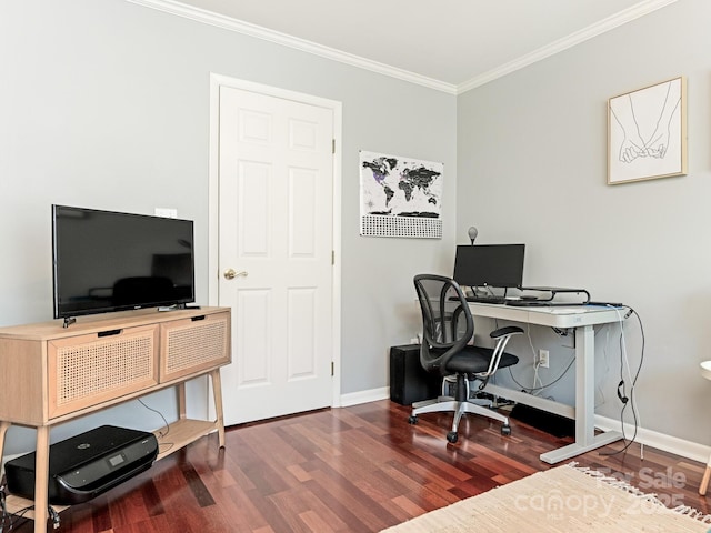 home office with baseboards, wood finished floors, and crown molding