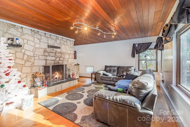 living area with wooden ceiling, a stone fireplace, and wood finished floors