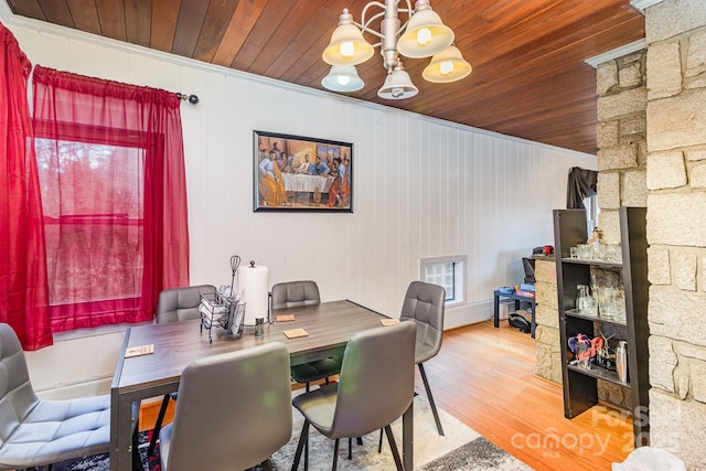 dining room with wood ceiling, a chandelier, and wood finished floors