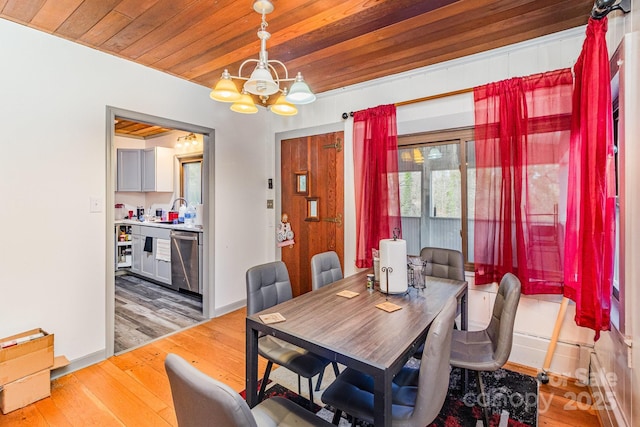 dining room featuring light wood-type flooring, wood ceiling, a notable chandelier, and baseboards