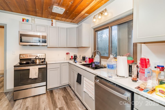 kitchen featuring wooden ceiling, stainless steel appliances, a sink, light countertops, and light wood finished floors