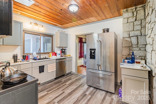 kitchen with wood ceiling, appliances with stainless steel finishes, light countertops, light wood-style floors, and a sink